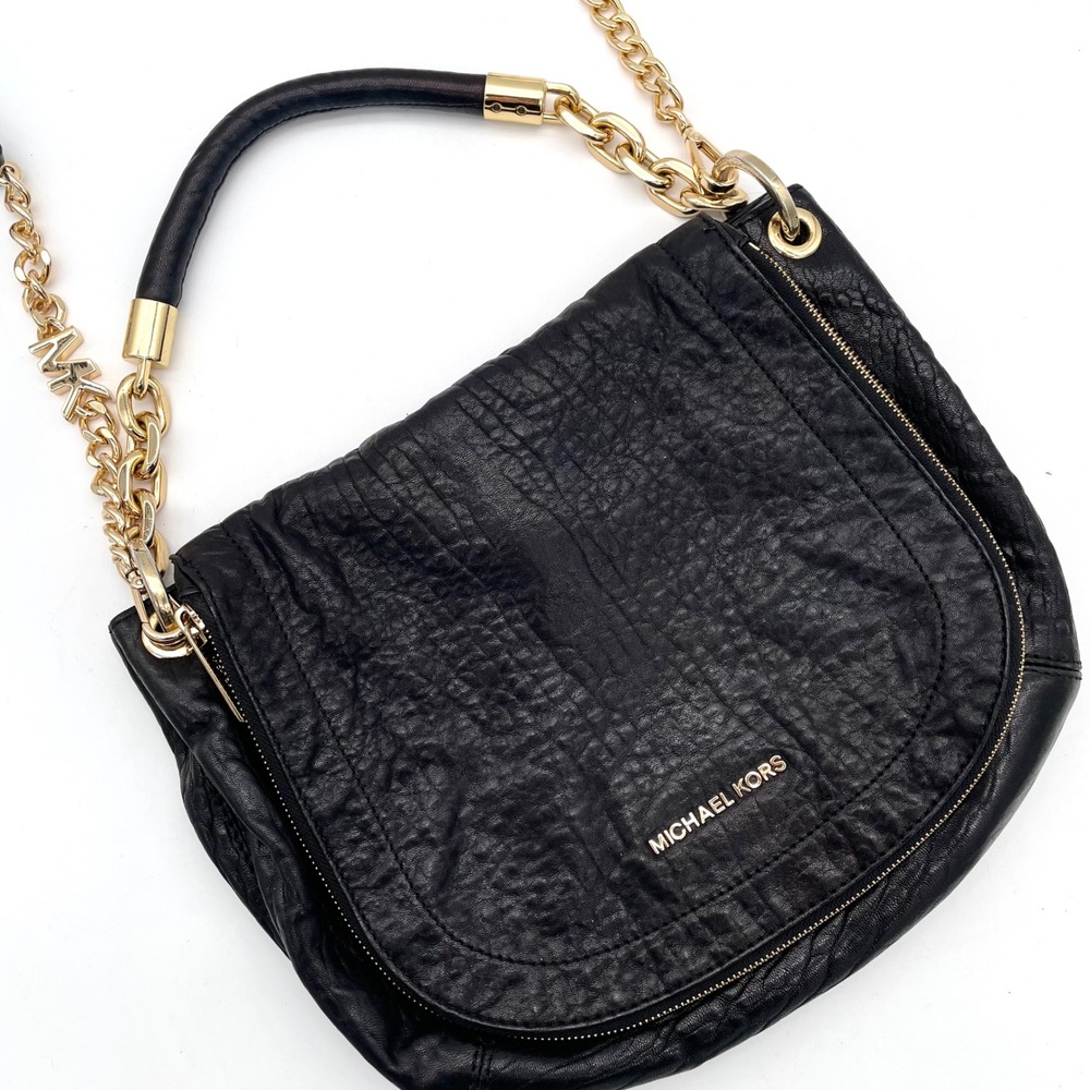 Michael Kors Crossbody Bag Women Black Good Pebbled Leather Gold Chain AP-1208